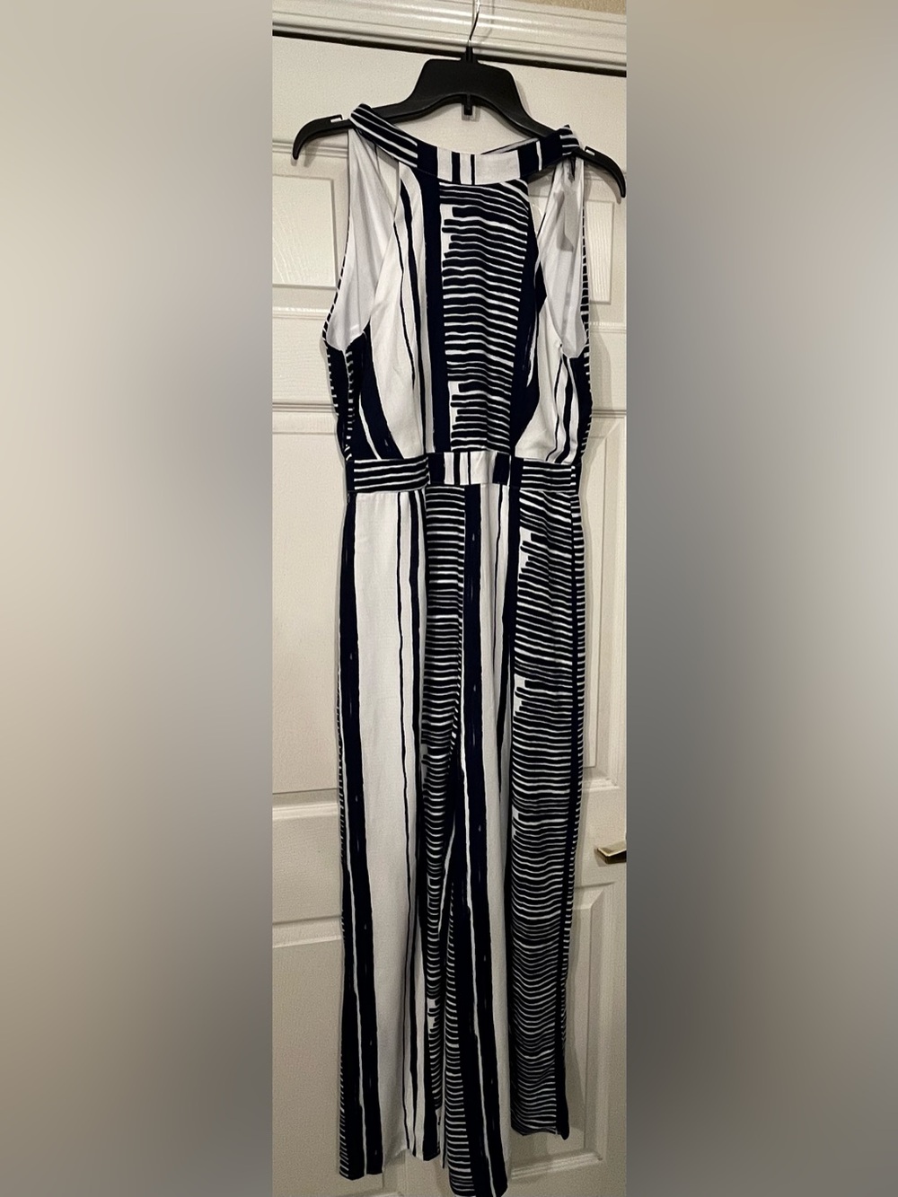 High-Neck Striped Wide-Leg Jumpsuit - Navy & White - Picture 3 of 4